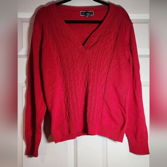 Karen Scott Red Cotton Cable Knit V Neck Seeater L - Picture 1 of 5